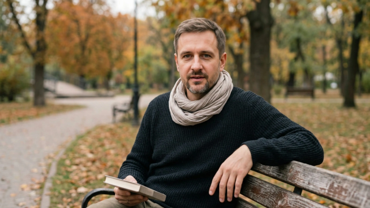 Сергей Васильчук — фотограф из Киева на скамейке в парке с книгой