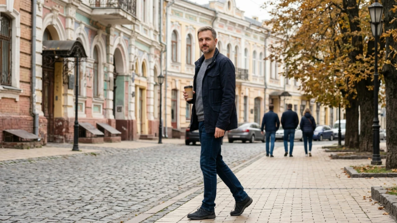 Сергей Васильчук — фотограф из Киева идёт по улице с чашкой кофе